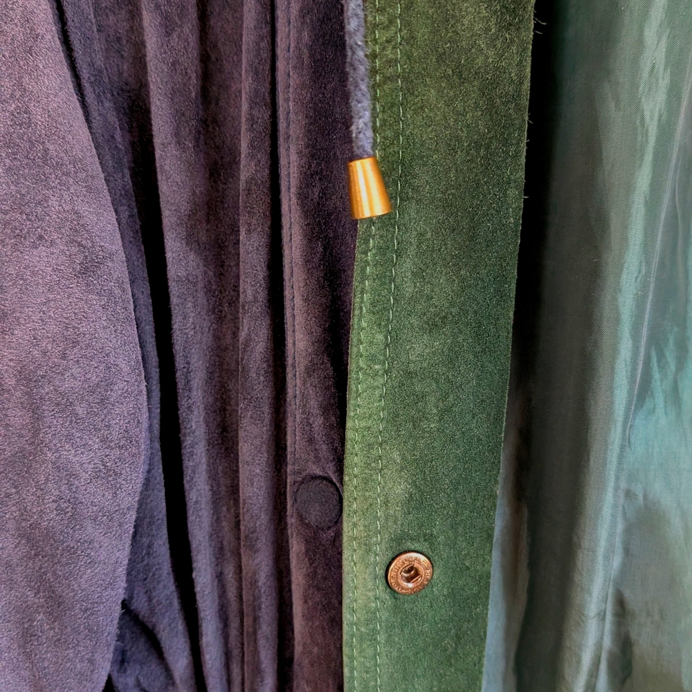 Vintage 100% Genuine Suede Leather Parka | Hooded Charcoal & Forest Green Jacket - Picture 5 of 6